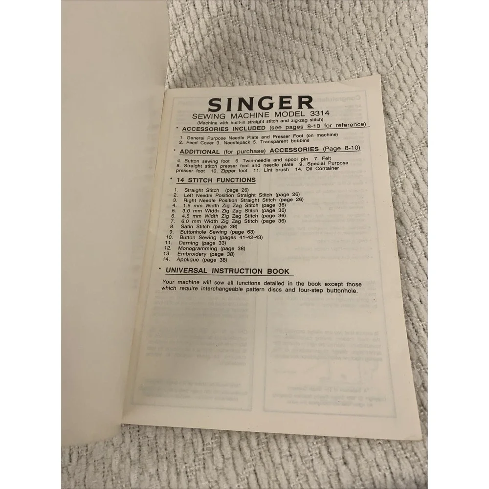 Singer Sewing Machine Model 3314 Owners Manual Original Instruction‎ Guide Book